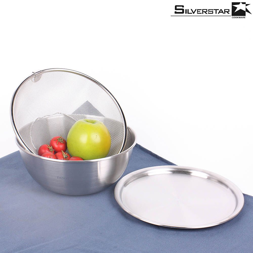 [SILVERSTAR] Stainless Steel Mixing Bowl Set(Mixing Bowl + Lid +Colander basket) – Durable, Stain & Odor Resistant, Built-In Measuring Scale, No-Spill Water Nozzle Design - Made in Korea